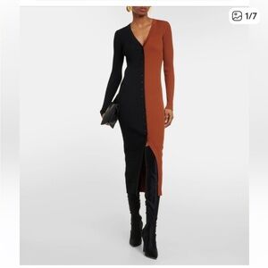 STAUD Two-Tone Knit Cardigan Dress in Black and Brown